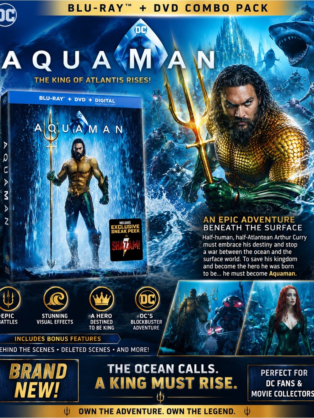 DC Aquaman Blu‑Ray + DVD Combo Pack - Gold & Green Artwork